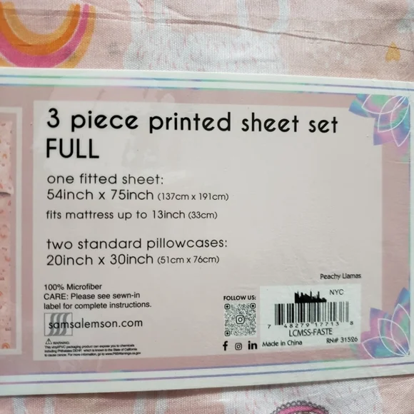 🆕️NWT LULU & COCO 3 piece FULL size Pink Llama n Rainbow printed Bed Sheet Set - Picture 4 of 7